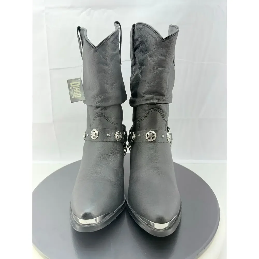 Dingo Olivia Womens Sz 8M Pigskin Leather Black Slouch Boots Concho Strap‎ DI522